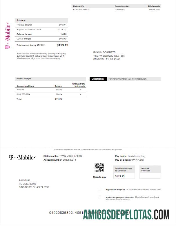 Para baixar modelo Word e PDF de conta de serviços públicos da USA T MOBILE